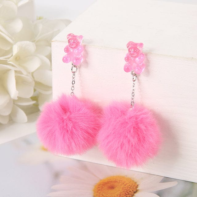 1Pair Pom Pom Bear Kawaii Earrings hotpink Jewellery The Kawaii Shoppu