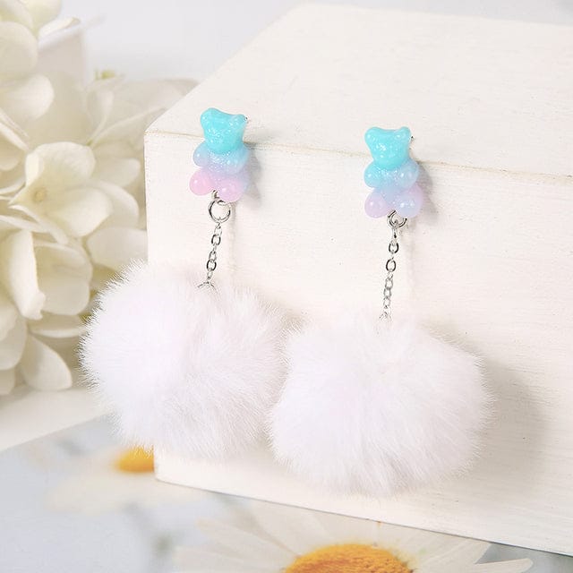 1Pair Pom Pom Bear Kawaii Earrings white Jewellery The Kawaii Shoppu