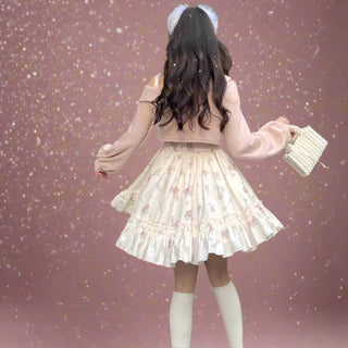 2-Piece Pink Floral Dress & Knitted Bow Cardigan Set