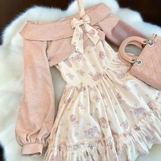 2-Piece Pink Floral Dress & Knitted Bow Cardigan Set