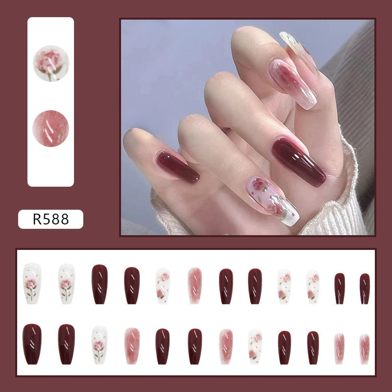 24Pcs/Set Short Kawaii Press on Fake Nails Set R588 Accessories by The Kawaii Shoppu | The Kawaii Shoppu