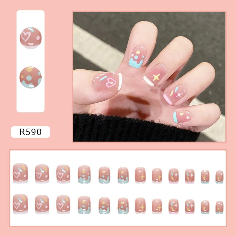 24Pcs/Set Short Kawaii Press on Fake Nails Set R590 Accessories by The Kawaii Shoppu | The Kawaii Shoppu