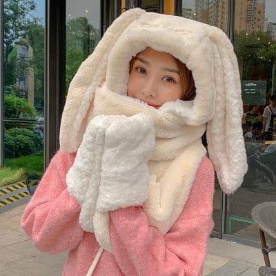 3 in 1 Fluffy Bunny Gloves Scarf Hat beige white rabbit Fashion The Kawaii Shoppu