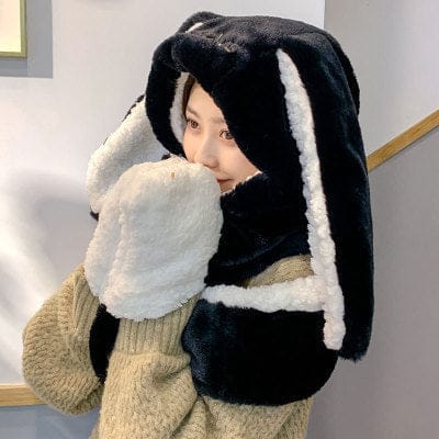 3 in 1 Fluffy Bunny Gloves Scarf Hat black rabbit Fashion The Kawaii Shoppu