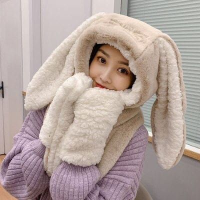 3 in 1 Fluffy Bunny Gloves Scarf Hat light khaki rabbit Fashion The Kawaii Shoppu