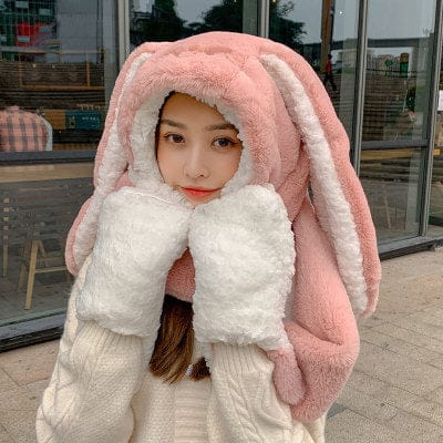 3 in 1 Fluffy Bunny Gloves Scarf Hat pink rabbit Fashion The Kawaii Shoppu