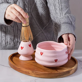 5-Piece Pink Heart Ceramic Matcha Set – Cute Matcha Bowl, Whisk, Holder, Scoop & Sifter