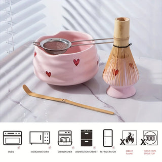 5-Piece Pink Heart Ceramic Matcha Set – Cute Matcha Bowl, Whisk, Holder, Scoop & Sifter