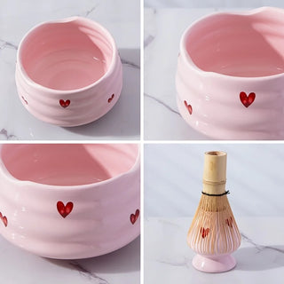 5-Piece Pink Heart Ceramic Matcha Set – Cute Matcha Bowl, Whisk, Holder, Scoop & Sifter