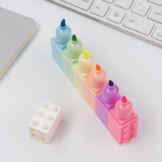 6pcs Pastel Color Building Block Highlighter Pen Set Stationery The Kawaii Shoppu