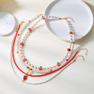Strawberry Beaded Choker Necklace – Boho Y2K Summer Pearl Pendant