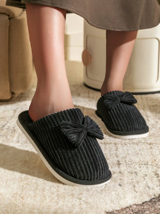 Women’s Corduroy Bow Plush Slippers – Soft Warm Indoor Winter Home Shoes