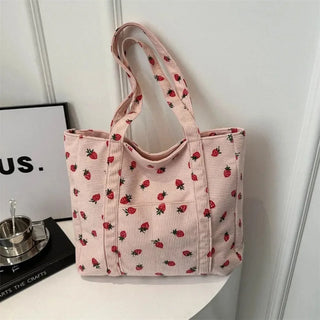 Corduroy Strawberry Shoulder Tote Bag – Large Capacity Women’s Handbag