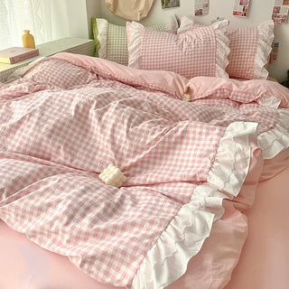 Pastel Gingham Ruffle Duvet Cover Set – 3 Pieces