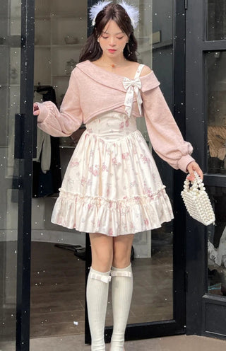 2-Piece Pink Floral Dress & Knitted Bow Cardigan Set