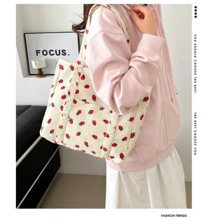 Corduroy Strawberry Shoulder Tote Bag – Large Capacity Women’s Handbag