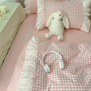 Pastel Gingham Ruffle Duvet Cover Set – 3 Pieces