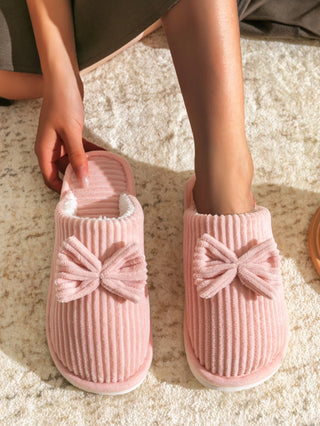 Women’s Corduroy Bow Plush Slippers – Soft Warm Indoor Winter Home Shoes