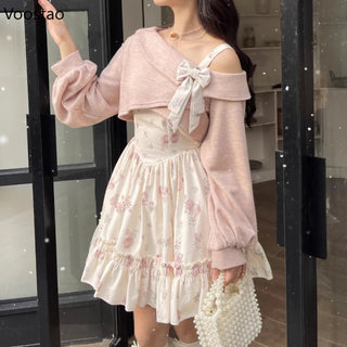2-Piece Pink Floral Dress & Knitted Bow Cardigan Set