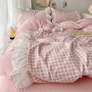 Pastel Gingham Ruffle Duvet Cover Set – 3 Pieces