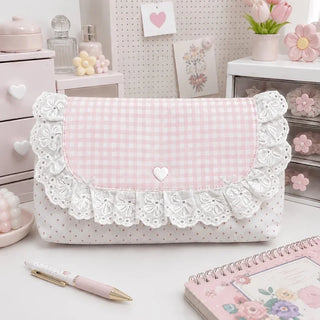 Pink Gingham Lace & Bow Storage Bag