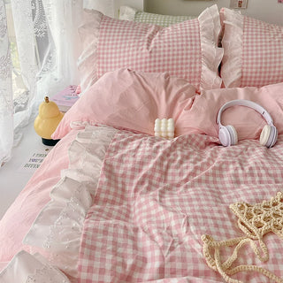 Pastel Gingham Ruffle Duvet Cover Set – 3 Pieces