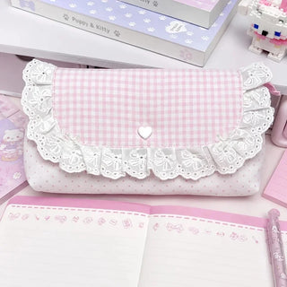 Pink Gingham Lace & Bow Storage Bag