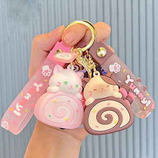 Cute Cat Egg Roll Key Chain Kawaii Kitty Cake Doll School Bag Accessories Keyring Cartoon Pendant Keyfob for Couple Jewelry Gift