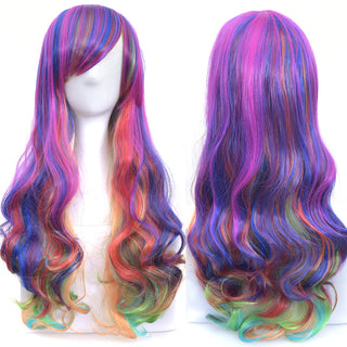 Ombre Rainbow Cosplay Wig with Bangs – Long Curly Synthetic Costume Wig