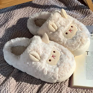 Winter Fluffy Sheep Plush Slippers – Warm Faux Fur Indoor Home Shoes