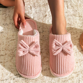 Women’s Corduroy Bow Plush Slippers – Soft Warm Indoor Winter Home Shoes