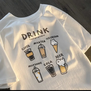 Korean Drink Cat T-Shirt – Loose Fit Cartoon Tee
