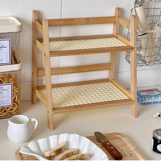 Wooden Rattan Desktop Storage Shelf