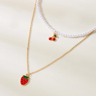Strawberry Beaded Choker Necklace – Boho Y2K Summer Pearl Pendant