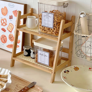 Wooden Rattan Desktop Storage Shelf