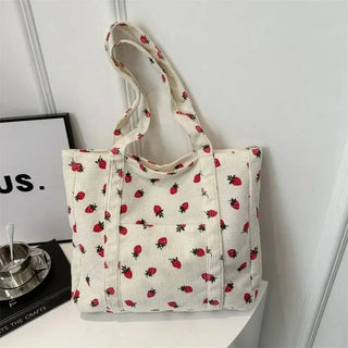 Corduroy Strawberry Shoulder Tote Bag – Large Capacity Women’s Handbag