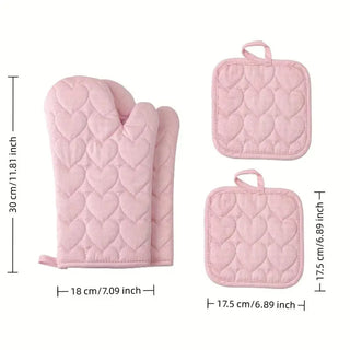 Pink Heart Quilted Oven Mitt & Pot Holder Set – 4 Pieces
