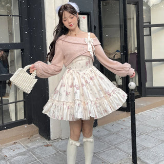2-Piece Pink Floral Dress & Knitted Bow Cardigan Set