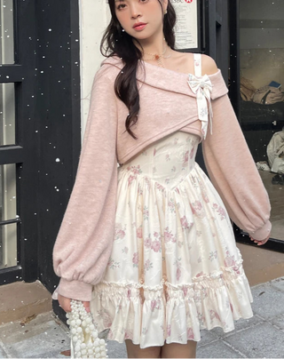 2-Piece Pink Floral Dress & Knitted Bow Cardigan Set