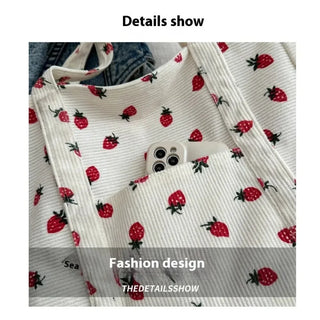 Corduroy Strawberry Shoulder Tote Bag – Large Capacity Women’s Handbag