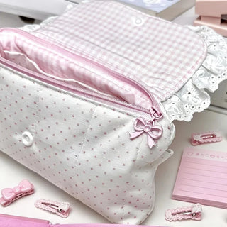 Pink Gingham Lace & Bow Storage Bag