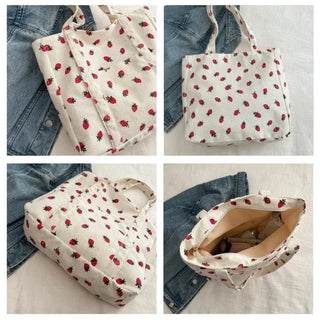 Corduroy Strawberry Shoulder Tote Bag – Large Capacity Women’s Handbag