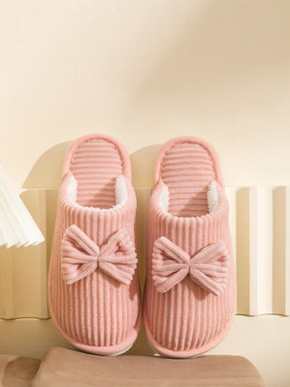 Women’s Corduroy Bow Plush Slippers – Soft Warm Indoor Winter Home Shoes