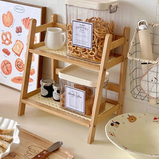 Wooden Rattan Desktop Storage Shelf