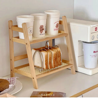 Wooden Rattan Desktop Storage Shelf