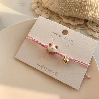 1 x Handmade Maneki Neko Red Rope Bracelet – Lucky Cat Charm Jewelry