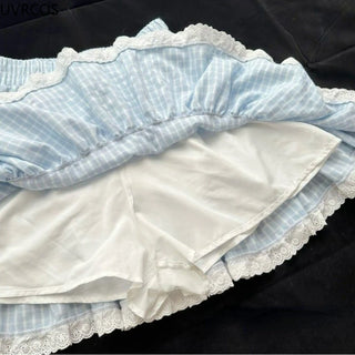 Kawaii Blue Plaid Mini Skirt – Y2K Harajuku Preppy Pleated Skirt with Bow