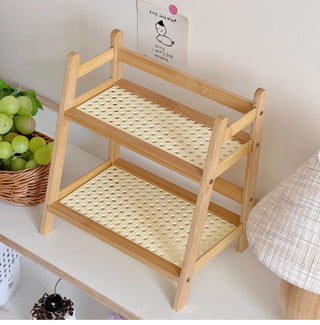 Wooden Rattan Desktop Storage Shelf