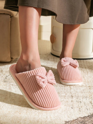 Women’s Corduroy Bow Plush Slippers – Soft Warm Indoor Winter Home Shoes