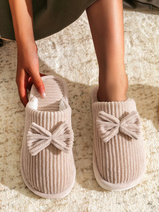 Women’s Corduroy Bow Plush Slippers – Soft Warm Indoor Winter Home Shoes